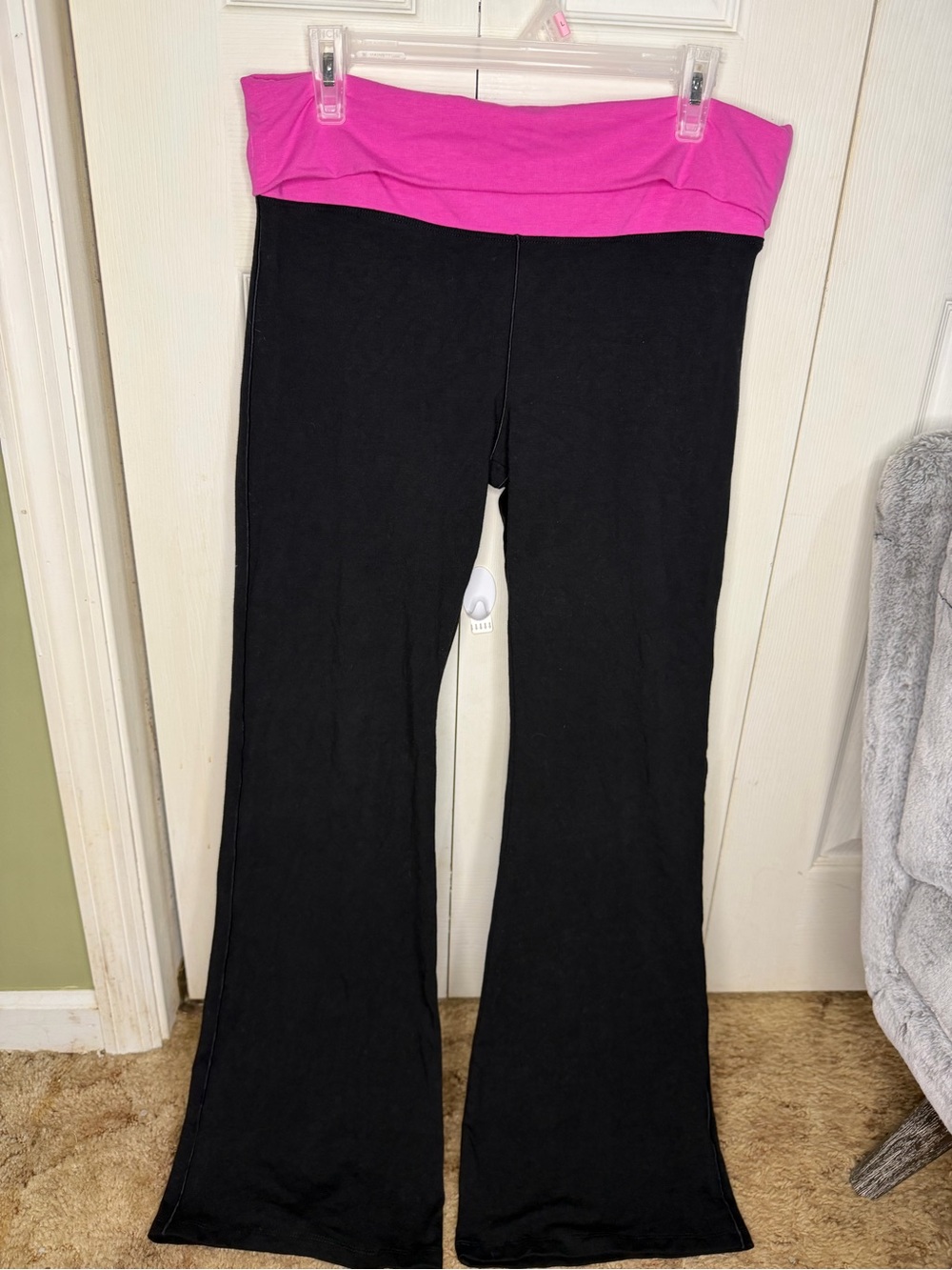 Women's Pink L Black Yoga Pants with Pink Fold-Over Waistband